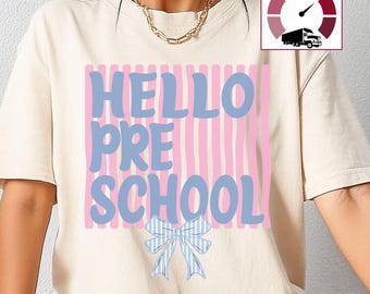 Hello Preschool Teacher Comfort Colors shirt,Striped Preschool Teacher tee,Trendy Back to school Preschool tee,Classroom apparel