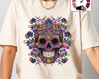 Dia De los Muertos Sugar Skull Comfort Colors shirt, Mexican Floral skull tee