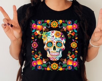 Dia de los muertos shirt,Mexican sugar skull shirt,Day of the dead shirt,Floral skull shirt,Skull with flowers,Candy Skull top,Skull blossom