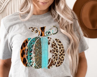 Chemise western d'automne, chemise citrouille western, chemise citrouille à imprimé vache, chemise citrouille western pour femmes, t-shirt citrouille léopard, chemise western d'action de grâces