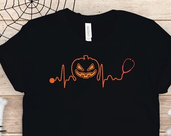 Halloween Nurse heartbeat Shirt,Halloween Nurse Shirt,Nurse Pumpkin shirt,Cute Nurse Halloween Shirt,Halloween Nurse Costume,Unisex tee