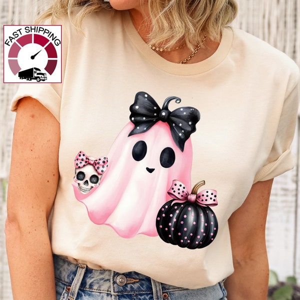 Cute Spooky shirt,Pink Halloween shirt,Halloween shirt women,Coquette Spooky shirt,Halloween Ghost with bandana tee,Halloween Pumpkin shirt