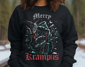 May include: Black sweatshirt with a graphic of a Krampus figure with the text "Merry Krampus".