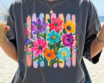 Vibrant Boho Brushstroke Wildflower Striped Comfort Colors shirt,Watercolor Floral shirt,Women's Summer Tshirt,Botanical Graphic tee,