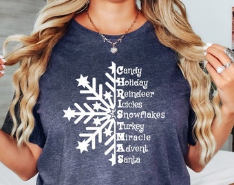 Camiseta de copos de nieve, Camiseta para día de nieve, Camiseta de invierno, Camiseta navideña con nieve, Camiseta de nieve, Camiseta navideña para mujer, Camiseta navideña de cuello redondo, Camiseta bonita con copos de nieve