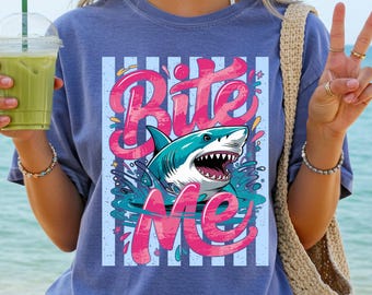 Bite me Shark Striped Beach Comfort Colors shirt,Funny Shark Shirt,Striped Summer shirt,Shark week shirt,Shark lover gift,Tropical Shark tee