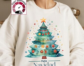 Feliz Navidad Christmas Tree Sweatshirt,Mexican christmas jumper,Spanish Christmas pullover,Puerto Rican christmas tee,Latina Christmas top