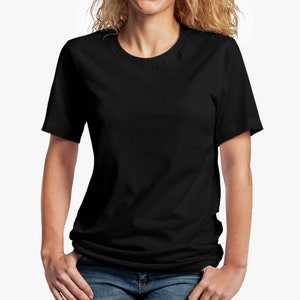May include: A black short-sleeved t-shirt with a crew neck.