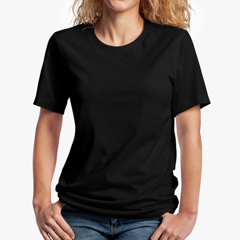 May include: A black short-sleeved t-shirt with a crew neck.