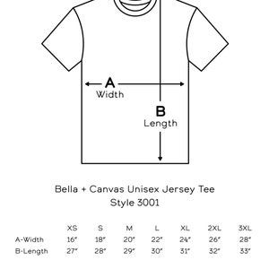 May include: Size chart for a Bella + Canvas Unisex Jersey Tee, style 3001. The chart shows measurements for width and length in inches for sizes XS, S, M, L, XL, 2XL, and 3XL. The tee is made of a tri-blend construction with 50% polyester, 25% combed ring spun cotton, and 25% rayon. The fabric weight is 4.2 oz. per square yard.
