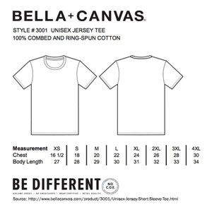 May include: A white unisex jersey tee shirt with short sleeves. The shirt is available in sizes XS to 4XL. The size chart shows the chest and body length measurements in inches.