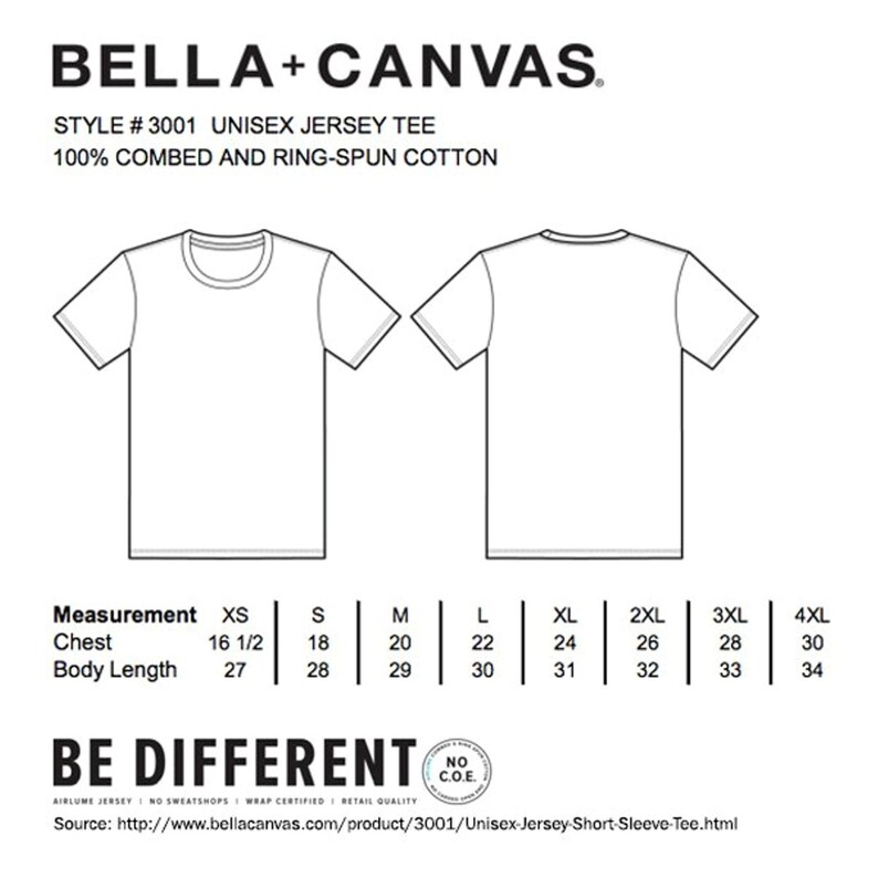 May include: A white unisex jersey tee shirt with short sleeves. The shirt is available in sizes XS to 4XL. The size chart shows the chest and body length measurements in inches.