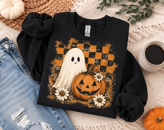 Retro Fall Checkered Ghost Sweatshirt, Rustic Halloween Pumpkin pullover