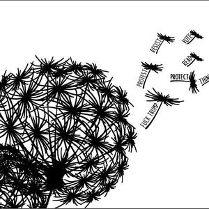 May include: Black and white illustration of a dandelion with seeds that have words like "resist", "vote", and "protect". The words are in a stylized font, and the image is on a white background.