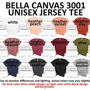 May include: A chart showing 12 different Bella Canvas 3001 Unisex Jersey Tee colors. The colors are: white, heather peach, heather sunset, heather clay, heather mauve, heather raspberry, maroon, olive, heather navy, dark gray heather, black, and athletic heather. The text "BELLA CANVAS 3001 UNISEX JERSEY TEE" is at the top of the chart.