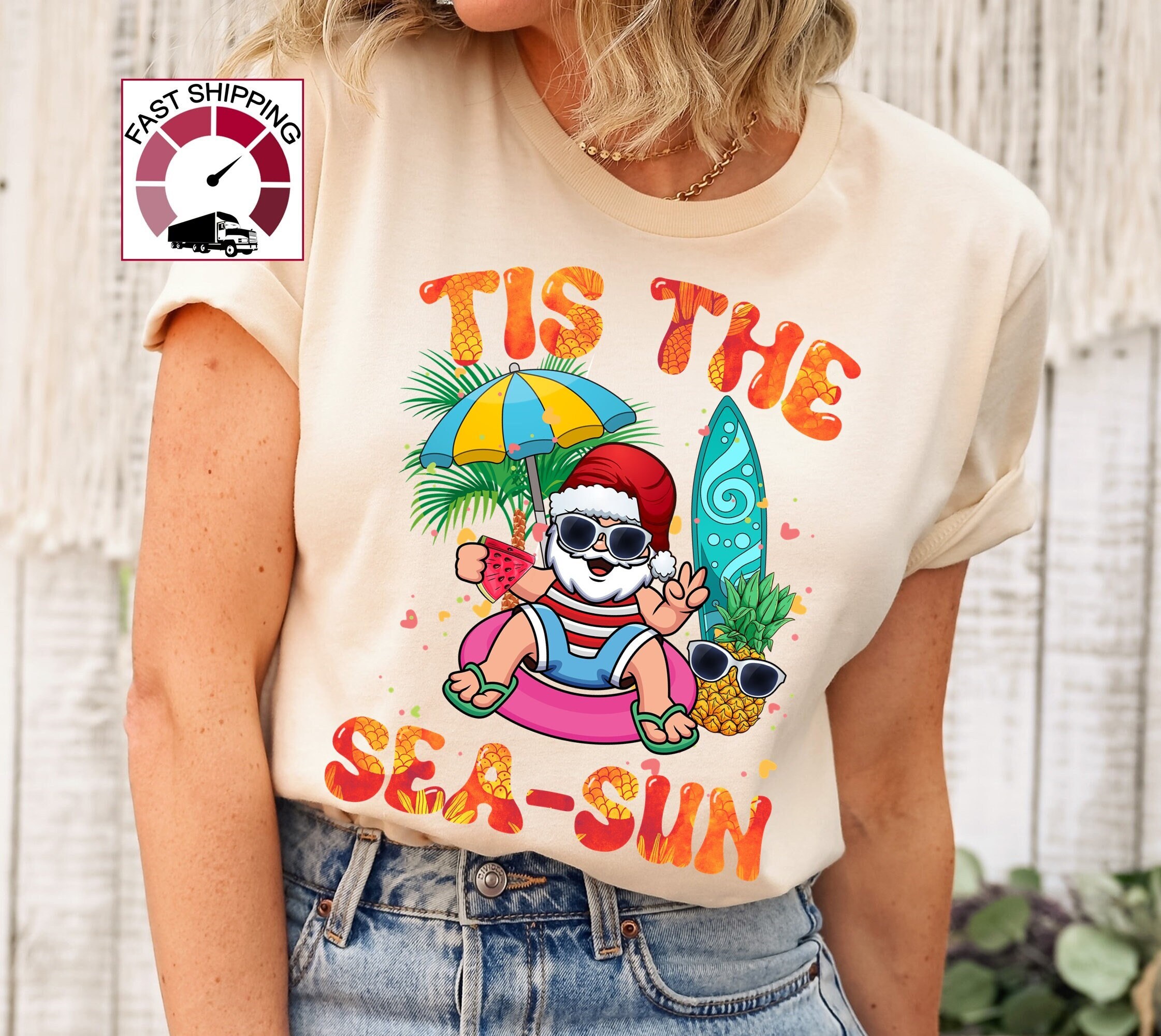 Tis the sea sun shirt,Christmas in july shirt,Tropical Christmas shirt,Santa in july shirt,Coastal christmas,Summer Christmas,Surfer Santa