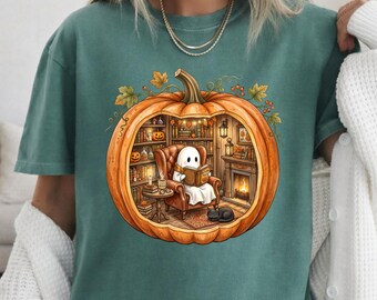 Cute Reading Ghost Comfort Colors shirt, Teacher Halloween tee