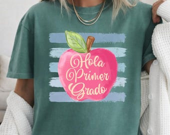 Preppy Hola Preimer Grado Apple Comfort Colors shirt,Back to school Maestra tshirt,1st day of School Spanish Teacher,Striped Maestra tshirt
