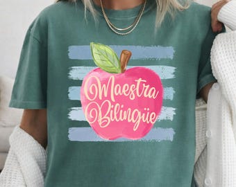 Preppy Maestra Bilingue Apple Comfort Colors shirt,Back to school Maestra tshirt,1st day of School Spanish Teacher,Striped Maestra tshirt
