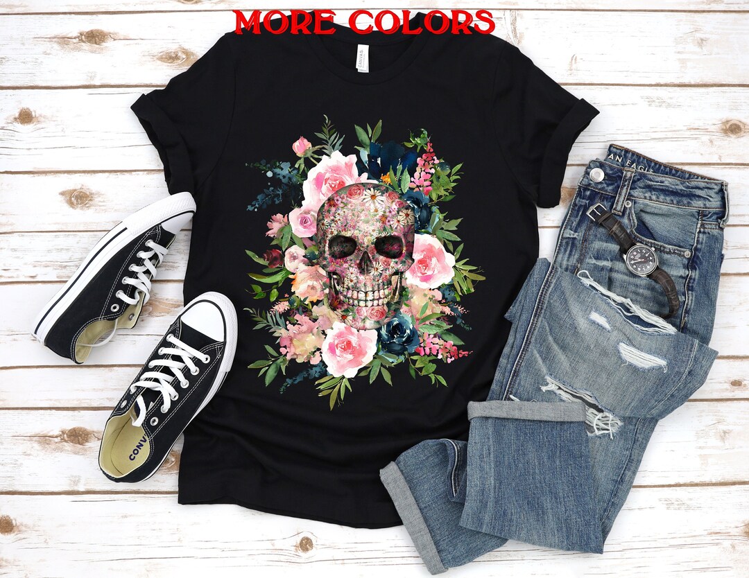 Mexican Floral Day of the Dead Skull T Shirt