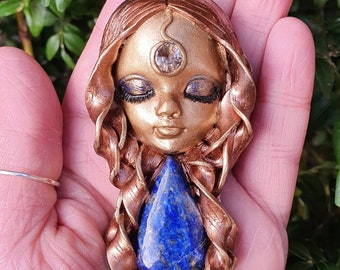 Lapis Lazuli Goddess Pendant. Adjustable Cord Necklace. Handmade Crystal Amulet