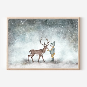Poster Reh mit Mädchen A4 Kinderposter Reh Kinderposter Geschenk Tierbilder Geschenk kinder Geschenk Geburtstagsgeschenk