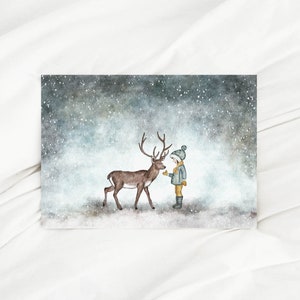 Postkarte Weihnachten Reh mit Mädchen Karte Weihnachtskarte Aquarell DIN A6 Weihnacht Geschenk Weihnachtsgrüße Weihnachtsgeschenk