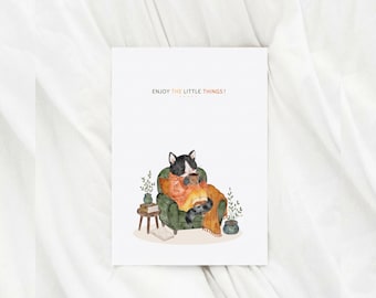 Cat Encouragement Card | Mindfulness Card | Enjoy the little things | Watercolor Greeting Card for Girlfriend | Gift for Cat Lovers