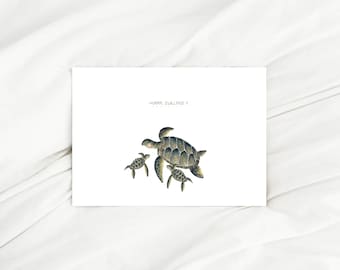 Birth Announcement Card for Twins, Sea Turtles, Watercolor, Hurray for Twins!, Fold-Out Card, Gift, Congratulations Card, Birth