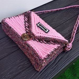 Elegant delicate pink with brown dimensionally stable women&#39;s bag: crocheted and embroidered. Women designer shoulder bag. Unique handmade by MariRich