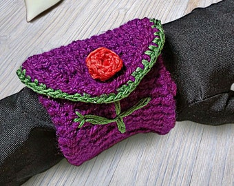 Small purple wrist bag: crocheted women's wrist bag, purse with rose flower, decorative unique gift. Mari Rich Handmade