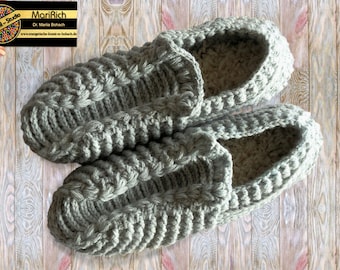 Mens Crochet Warm Slippers, Chic Gray Moccasins with Leather Sole, Intricate Pattern & Classic Style. Unique by MariRich