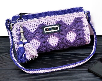 Cute lilac-lilac-pink shoulder bag, crocheted women's clutch bag decorated with a lilac-lilac-pink tassel. Gift from MariRich. unique