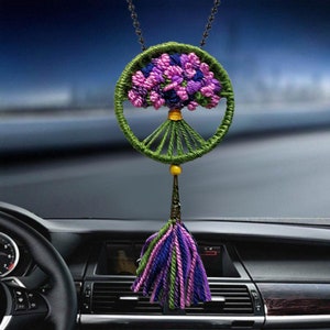 Purple lilac round decoration, small green-purple car mirror hanger. Crocheted & decorated wall decor: Boho window / wall hanging by MariRich