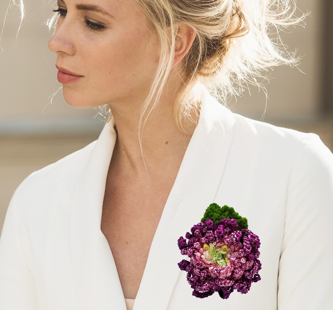 Prom Brooch Crocheted Silk Brooch. Purple Chrysanthemum, Bride or Groom Pin for ...