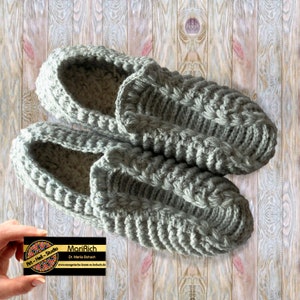 Mens Crochet Warm Slippers, Chic Gray Moccasins with Leather Sole, Intricate Pattern & Classic Style. Unique by MariRich