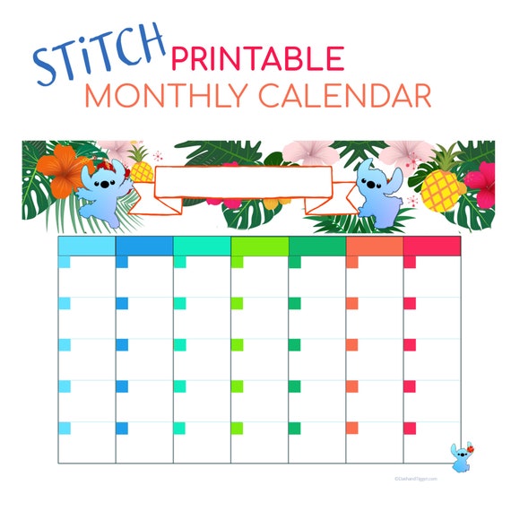 Stitch Printable Monthly Calendar Disney Themed Perpetual Etsy
