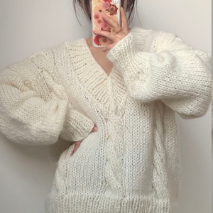 Hand Knit Woman Oversize Loose Mohair Pullover Braided Pattern V-neck Sweater