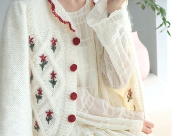 Lapel Collar Elegant French Handmade Sweater Red Rose Knitting Cardigan Women