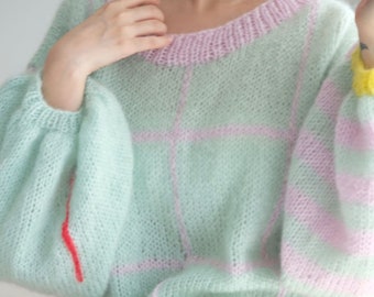 2024 Fashion Trends Rrefreshing Mint Green Bubble Sleeve Handmade Pullover Sweaters Women
