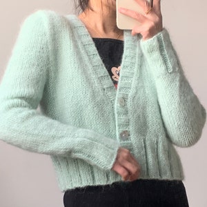 Hand Knit Woman Sweater Mohair Cable knit Short Cropped Cardigan Button Front Cardigan