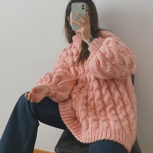 Pink Full Body Twist Coarse Yarn Pullover Sweater,Hand Knitted Chunky Merino Wool Sweater , Custom Color