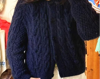Hand-Knitted Mohair Cardigan: Jacquard Pattern, Dark Blue