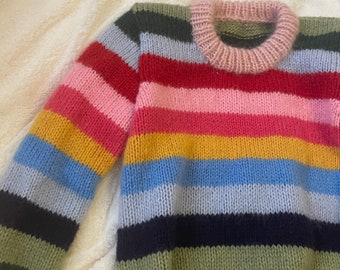 Handknit Chromatic Striped Pullover Mohair Sweater