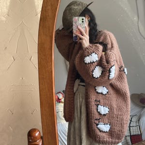Chunky Knit Unique Merino Wool Cardigan: Handmade Sheep  Embroidered Sweater