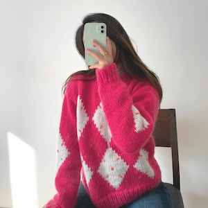 Spring Pink Diamond Pullover Mohair Sweater , Hand Knitted Fashion Women Coat