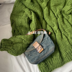 Gray Coarse Yarn Pullover Sweater , Green Full Body Twist Sweater, Hand Knitted Chunky Wool Sweater , 100% Merino Wool Sweater
