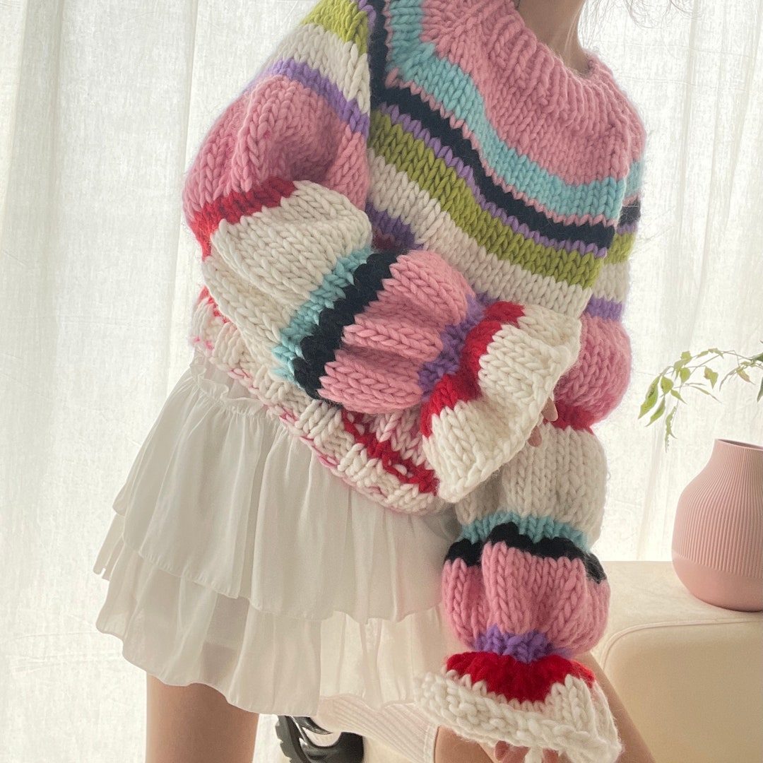 Wool Pull Hand Knitted Merino Wool Pullover: Ruffle Sleeve Fringe Sweater - Etsy