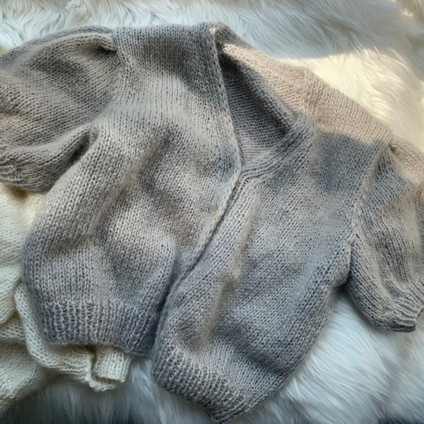 Pull Mohair d’été fait à la main avec manches courtes, pull cardigan à fermoir avec manche à bulles Hubble, pulls blanc gris à manches larges