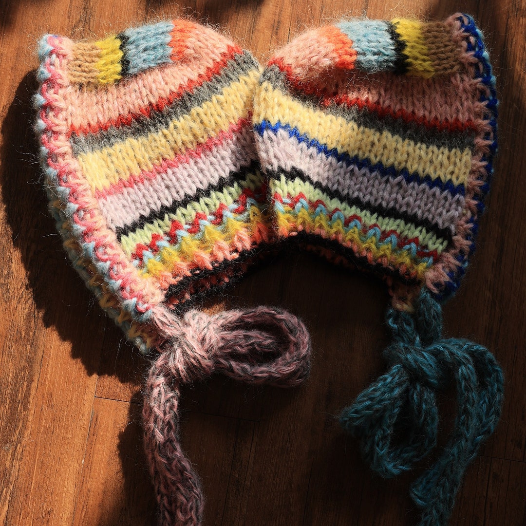Hand Knitted Mohair Balaclava Hat Rainbow Wool Jacquard Etsy